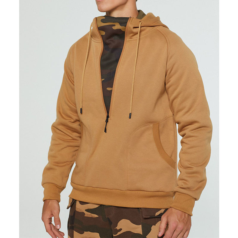 Sweat à capuche tendance en patchwork camouflage brossé à col en V zippé pour homme