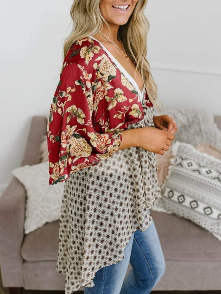Damen Kimono mit Blumenmuster, Rüschenärmel, zum Binden, fließend, Boho, locker, als Überwurf