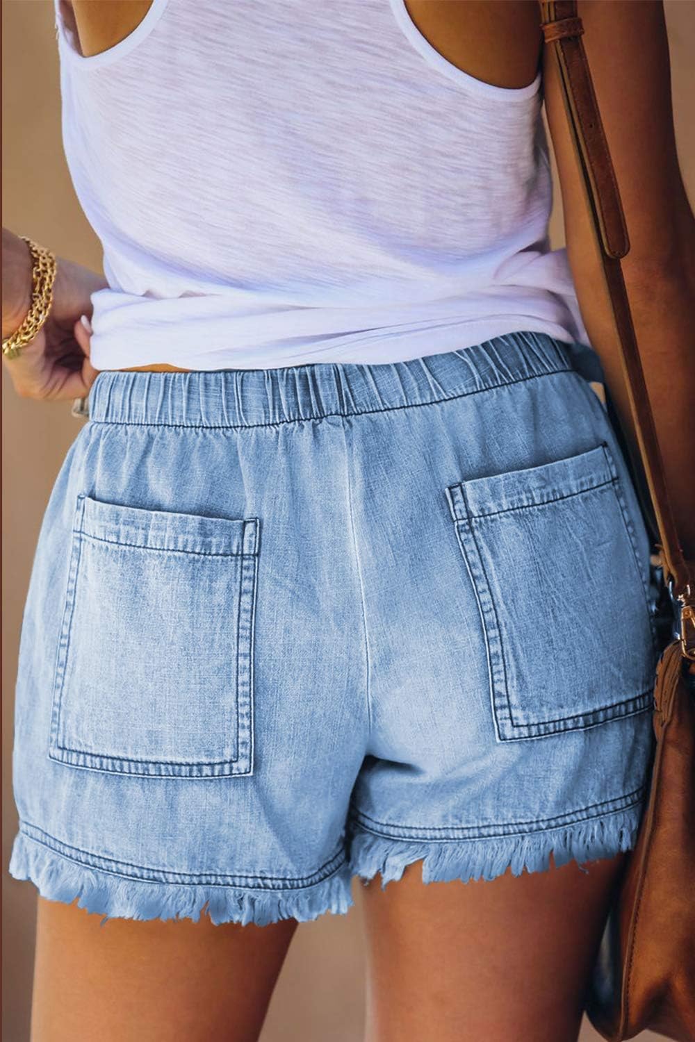 Damen leichte Shorts, lässig, weit geschnitten, trendige kurze Hose, elastischer Bund mit Kordelzug, bequeme Shorts