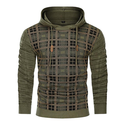 Pull Homme Color Block Motif à Carreaux Jacquard Capuche Tricot Basique Vintage Sportif Extérieur
