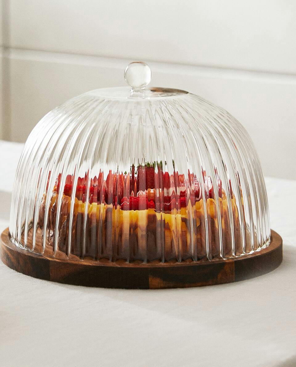 WOODEN AND GLASS CAKE PLATE