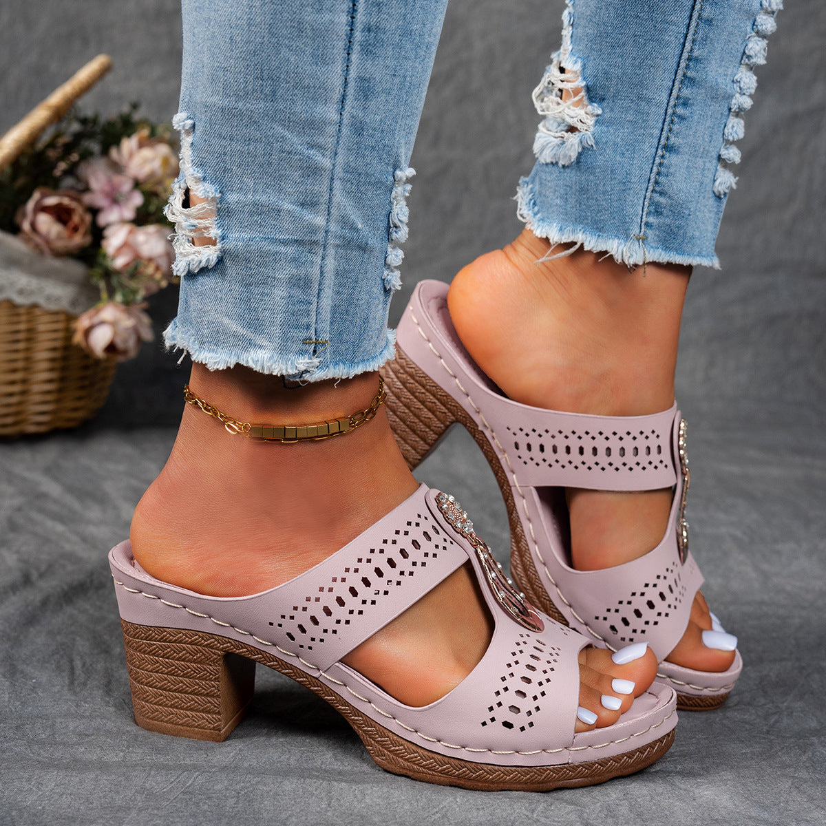 Orthopedic Rhinestones Heel Sandals