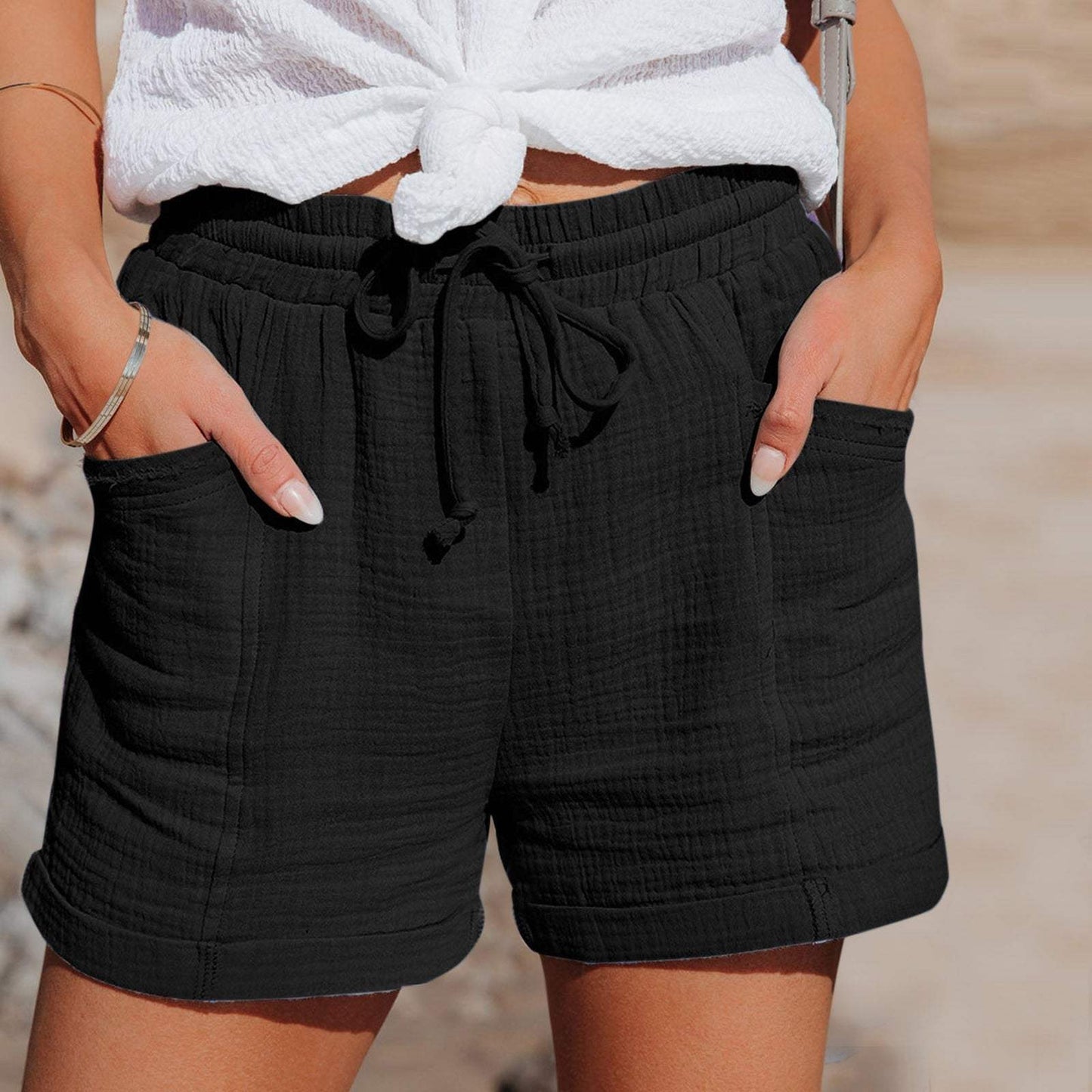 Damen-Freizeitshorts – leichtes, atmungsaktives Material – elastischer Bund mit Kordelzug – lockere Passform