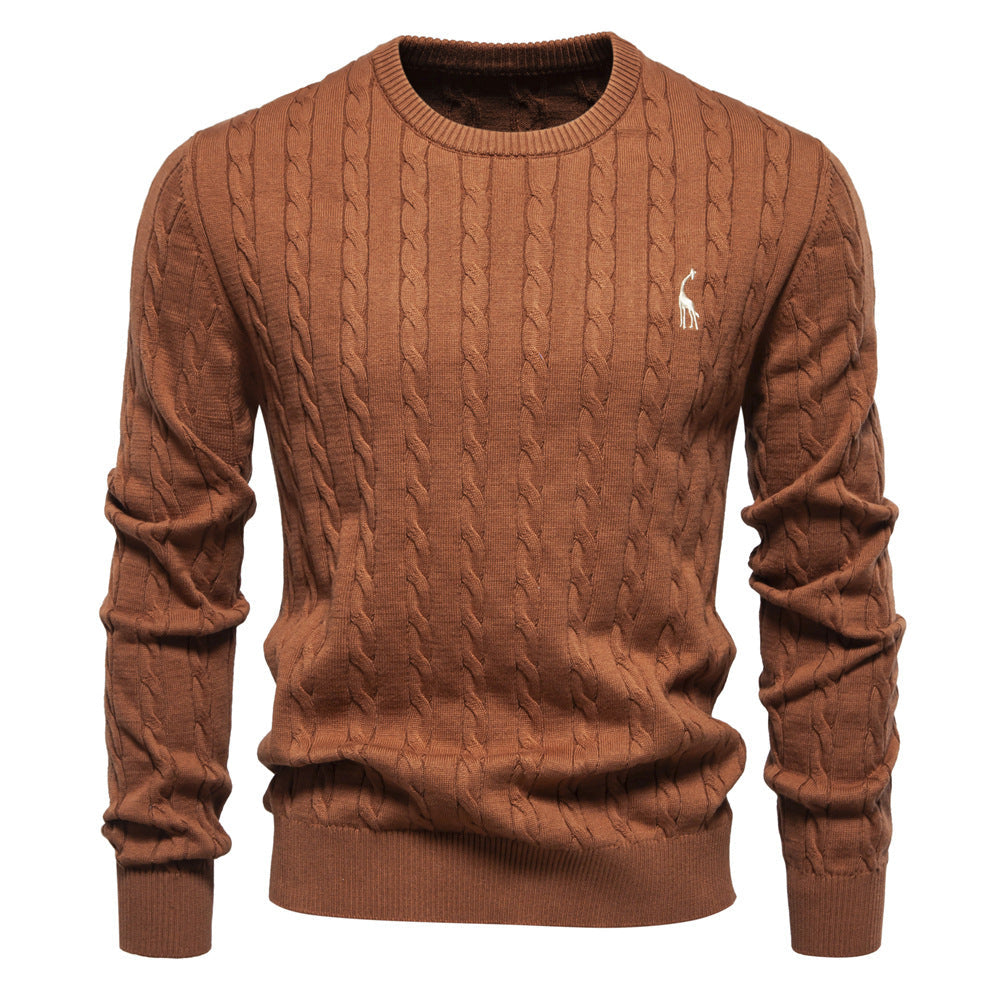 Pull col rond pour homme avec broderie girafe à motif torsadé