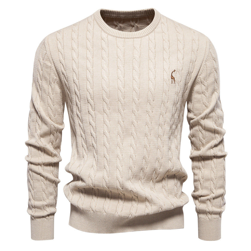 Pull col rond pour homme avec broderie girafe à motif torsadé