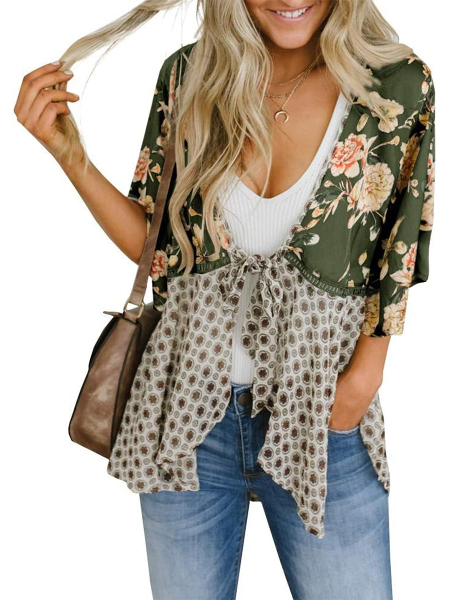 Damen Kimono mit Blumenmuster, Rüschenärmel, zum Binden, fließend, Boho, locker, als Überwurf