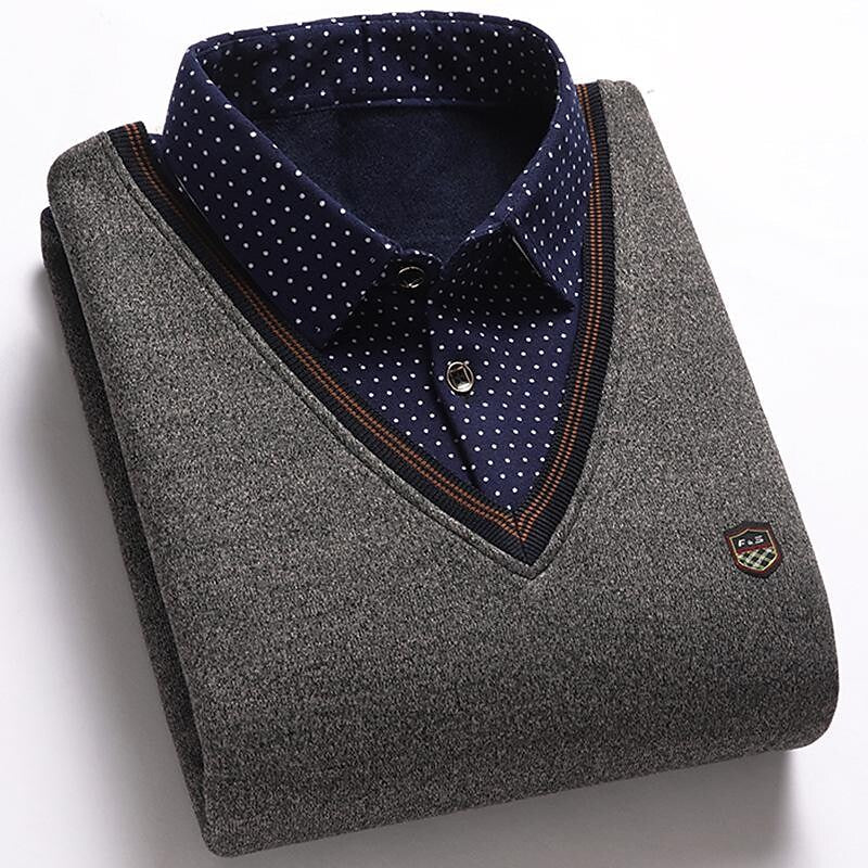 Pull en tricot pour homme, faux deux pièces, en polaire et patchwork