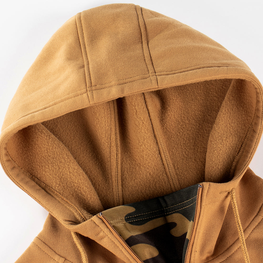 Sweat à capuche tendance en patchwork camouflage brossé à col en V zippé pour homme