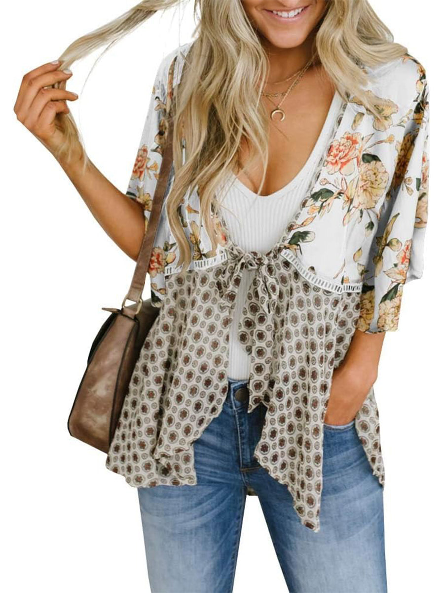 Damen Kimono mit Blumenmuster, Rüschenärmel, zum Binden, fließend, Boho, locker, als Überwurf